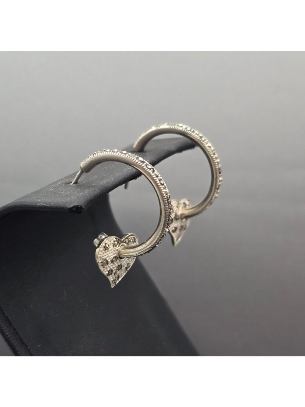 Sterling Silver Marcasite Heart Hoop Earrings Removable Charms 2 In 1 Style - Picture 3 of 13